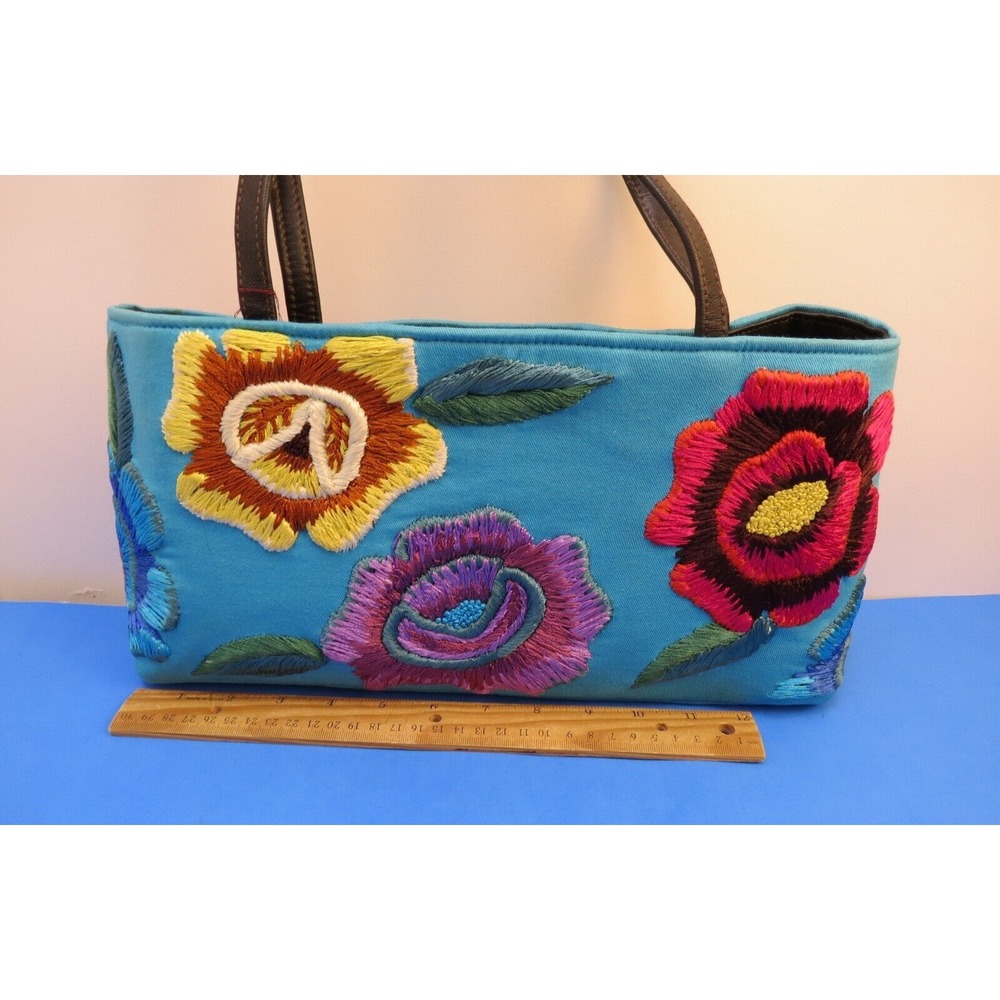 New Santi Blue Floral Handbag Purse Tote Embroidered Flowers